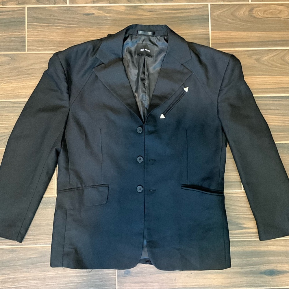 Black Sport Coat with Notched Lapels, Structured Silhouette, and Shoulder pads